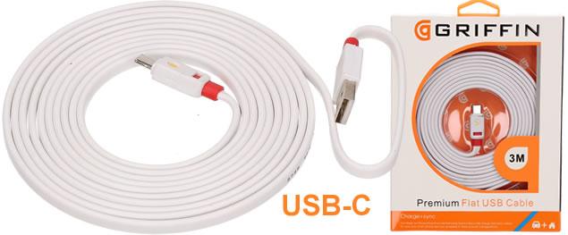 Premium Flat USB-C Cable 3m Griffin Bílý